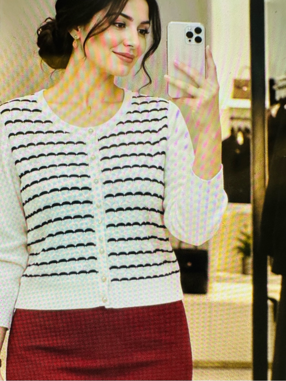 Classic White & Black Striped Button Cardigan Sweater 7th avenue 82% rayon